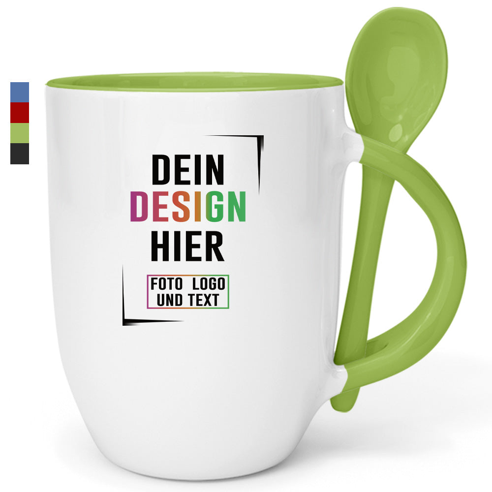 Weiße Fototasse mit grünem Löffel, personalisierbar mit eigenem Foto, Logo und Text