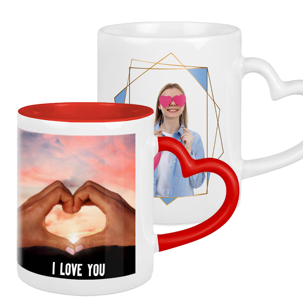 Personalisierte Fototassen mit Herzhenkel und individuellen Motiven, ideal zum Verschenken