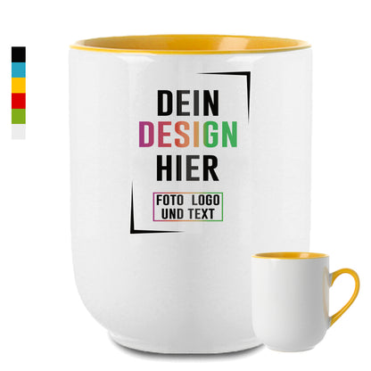 Weiße Fototasse mit gelber Innenseite, personalisierbar mit eigenem Design, Foto oder Text.