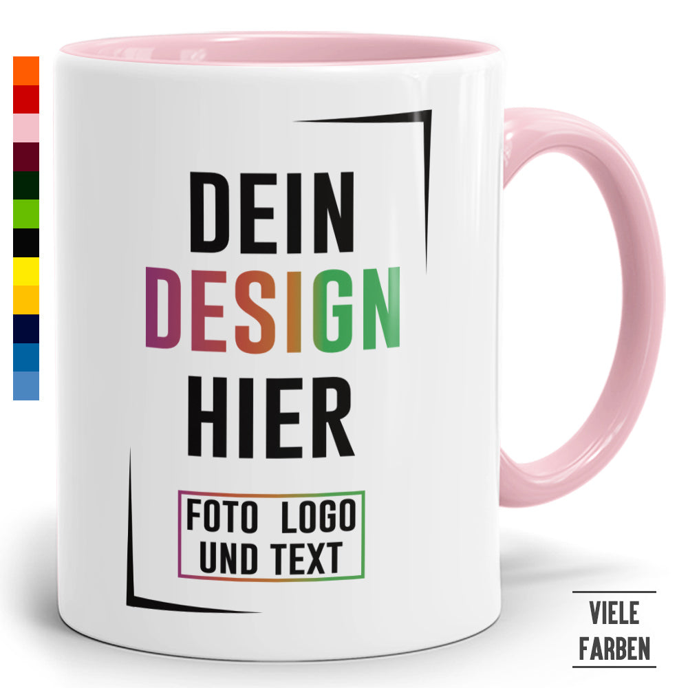 Zweifarbige Tasse mit rosa Henkel und Rand, personalisierbar mit eigenem Foto, Logo und Text.