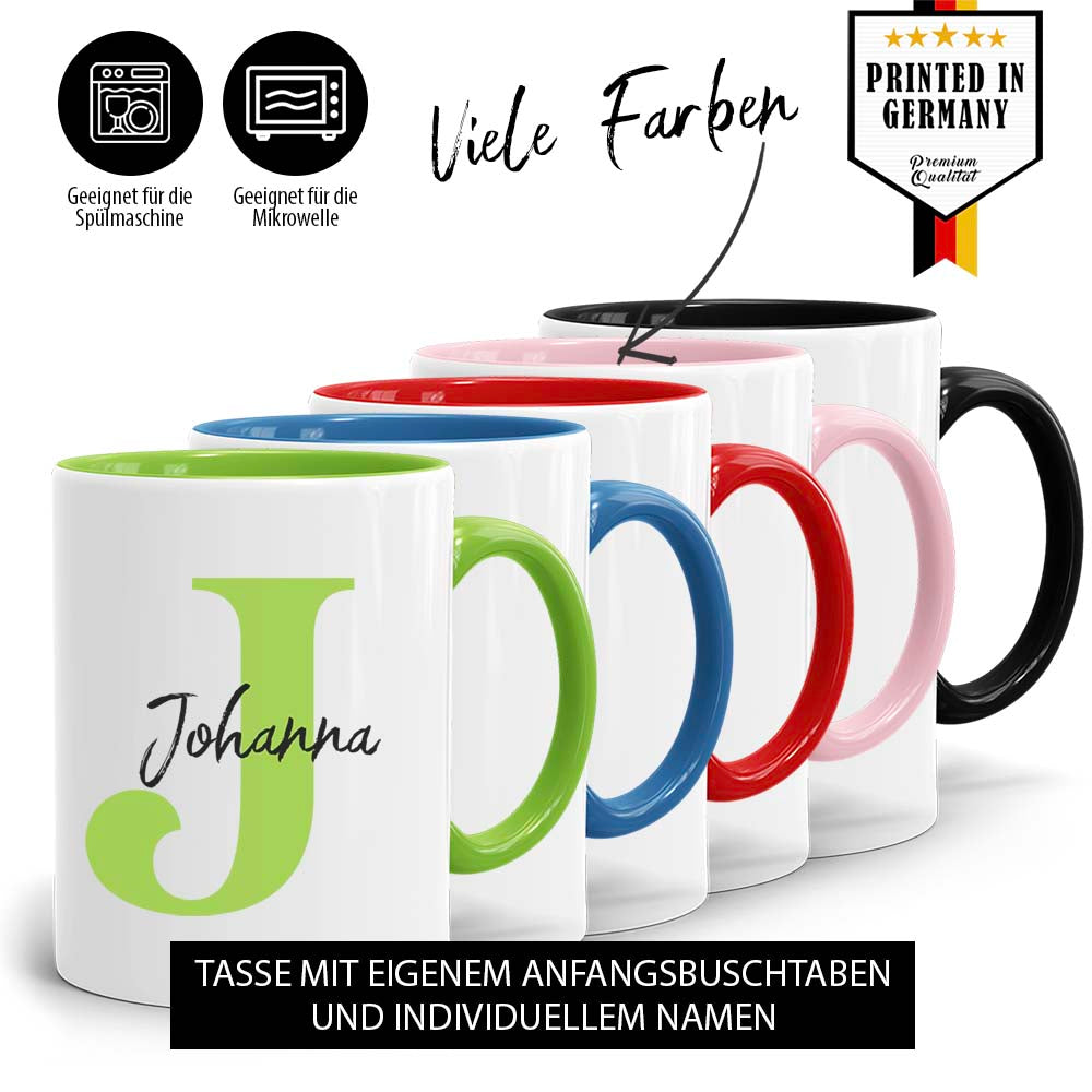Übersicht Initialtasse mit Wunschname in vielen Farben