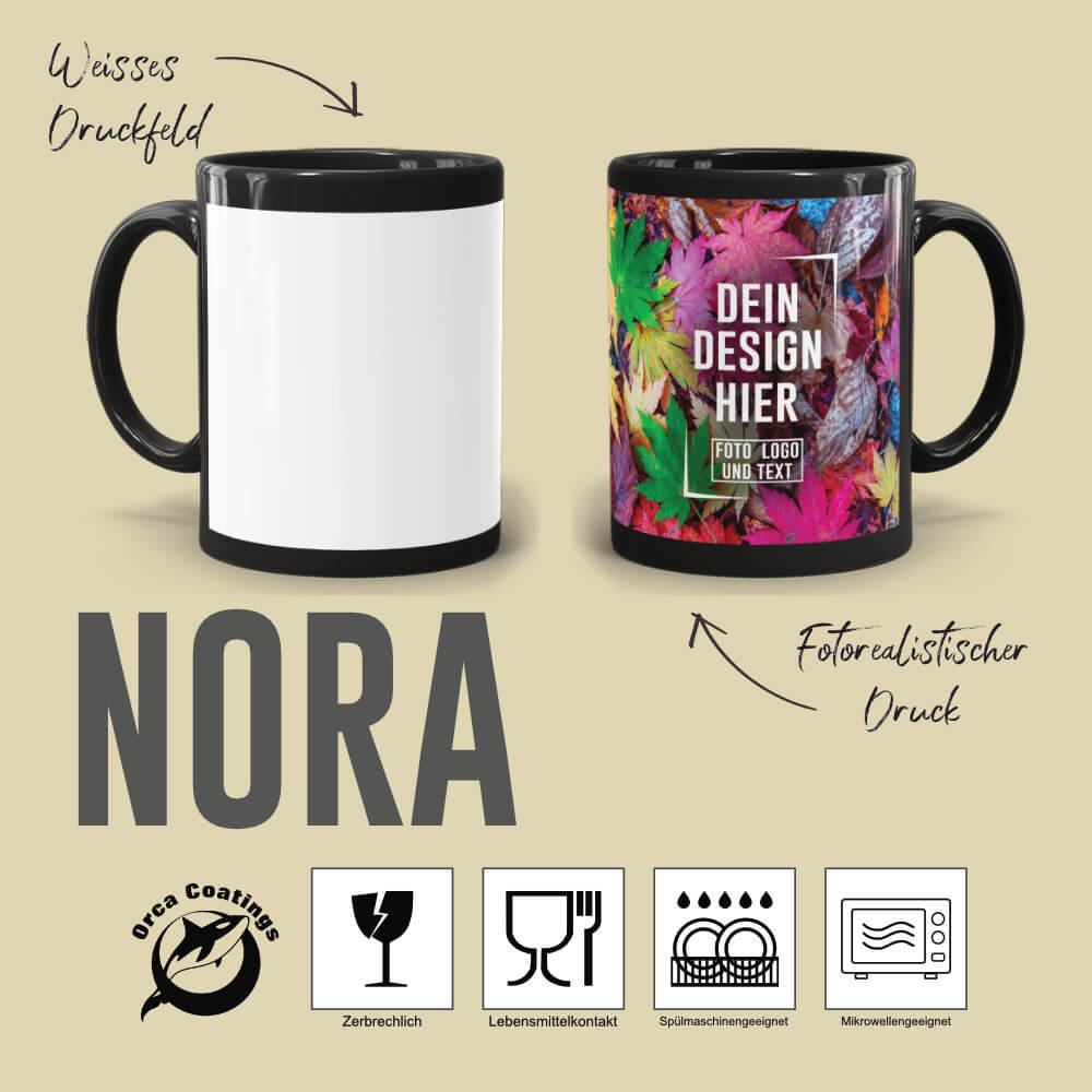 Schwarze Keramiktassen NORA mit weißem Druckfeld und fotorealistischem Fotodruck, Fototassen.de