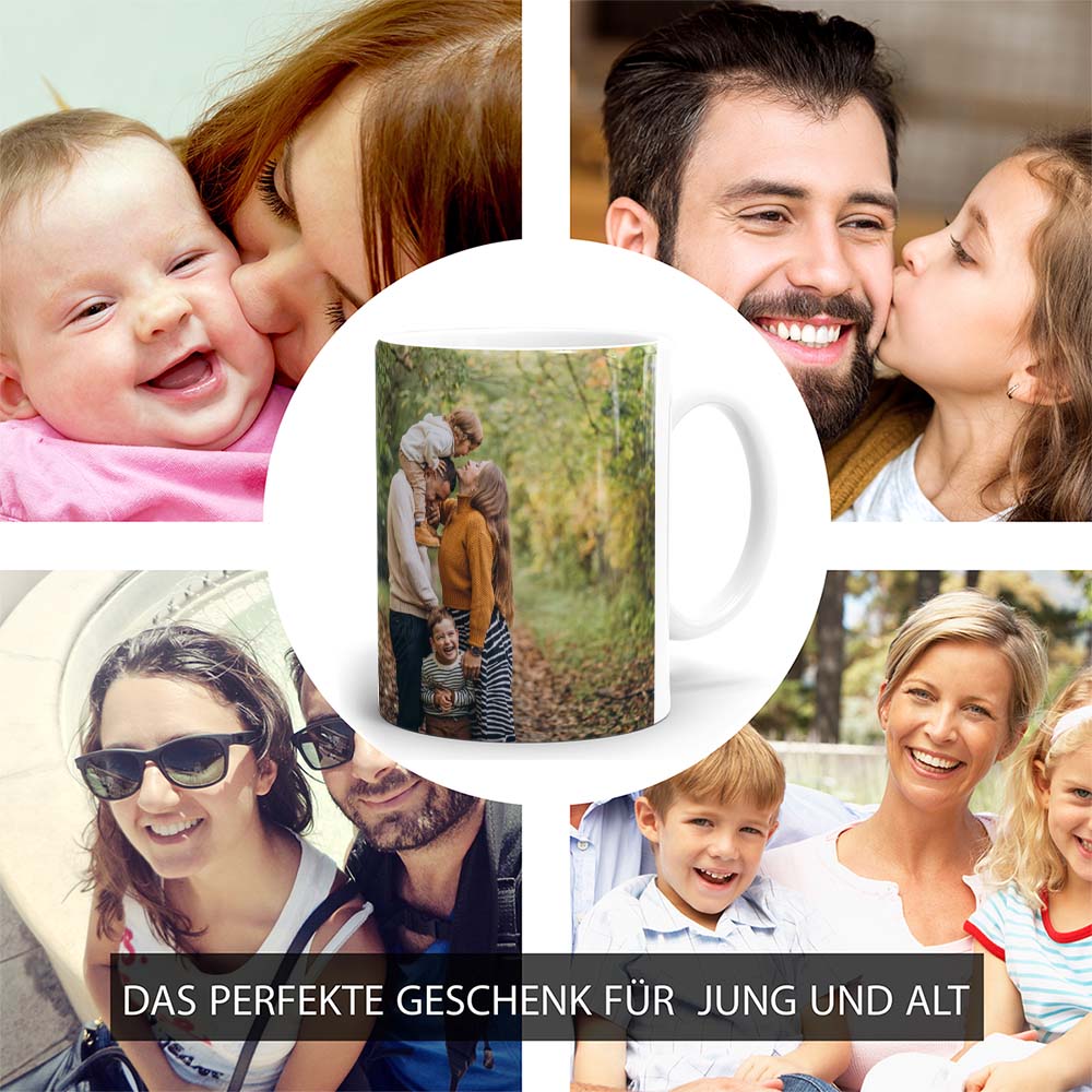 Panoramatasse mit Familienfoto, umgeben von glücklichen Familien, perfektes Fotogeschenk für Jung und Alt