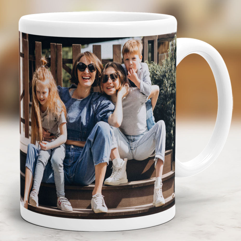 Weiße Fototasse mit Familienbild, personalisiert, hochwertige Foto-Tasse aus Bayern