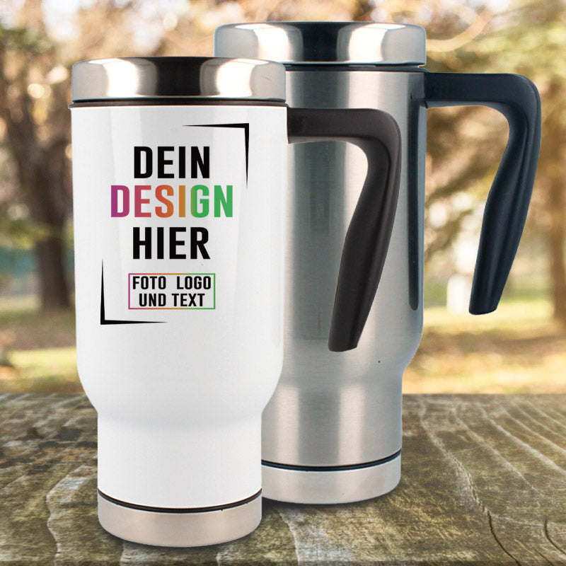 Produktfoto vom Weißen und Silbernen Thermobecher mit Druck