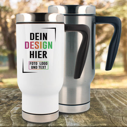 Produktfoto vom Weißen und Silbernen Thermobecher mit Druck