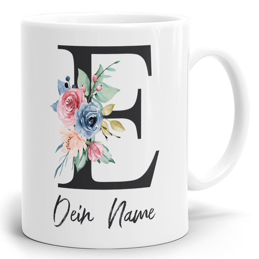 Blumen Initial Tasse mit Name und Buchstabe E