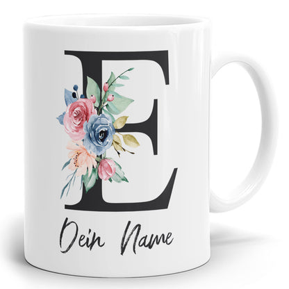 Blumen Initial Tasse mit Name und Buchstabe E