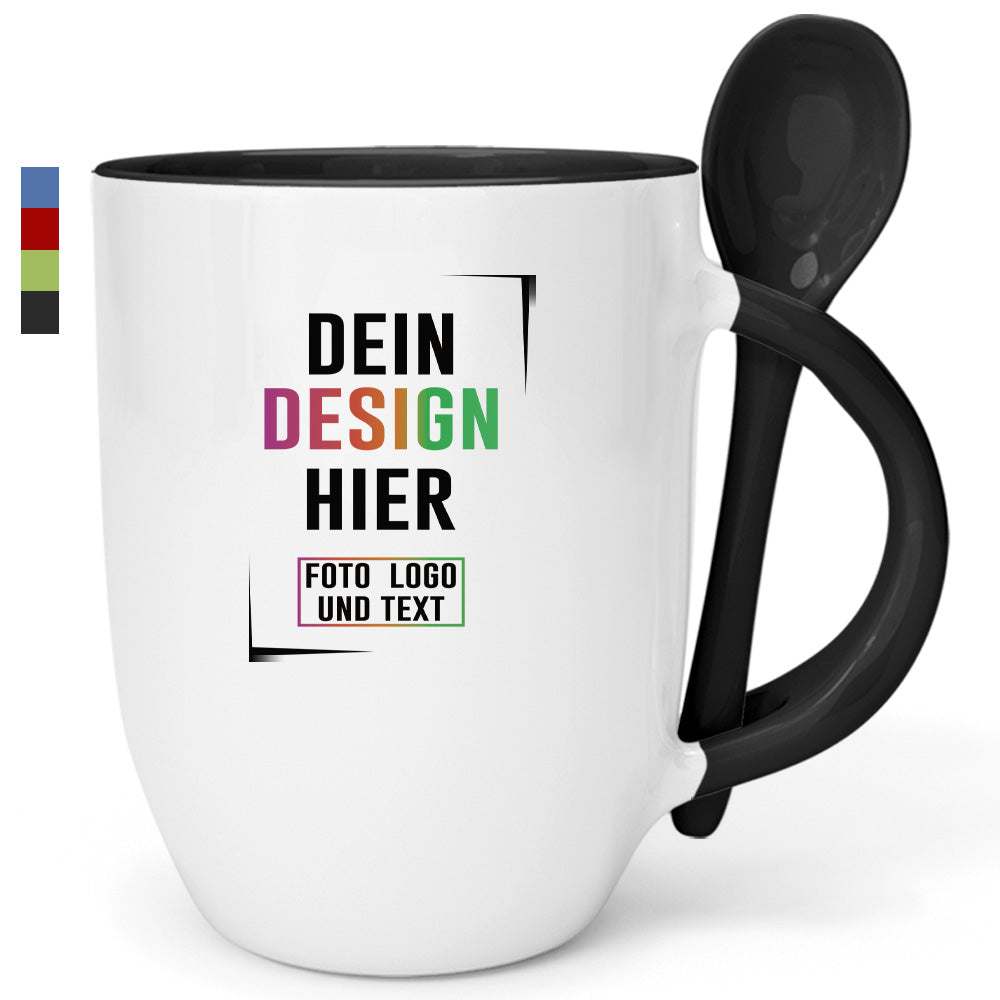 Personalisierbare Fototasse mit Löffel in Schwarz, Textfeld für eigenes Design, Fototassen.de