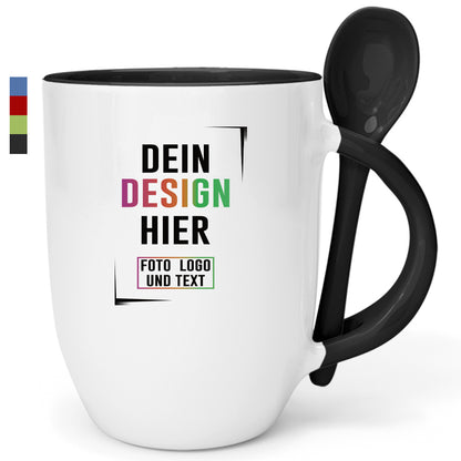 Personalisierbare Fototasse mit Löffel in Schwarz, Textfeld für eigenes Design, Fototassen.de