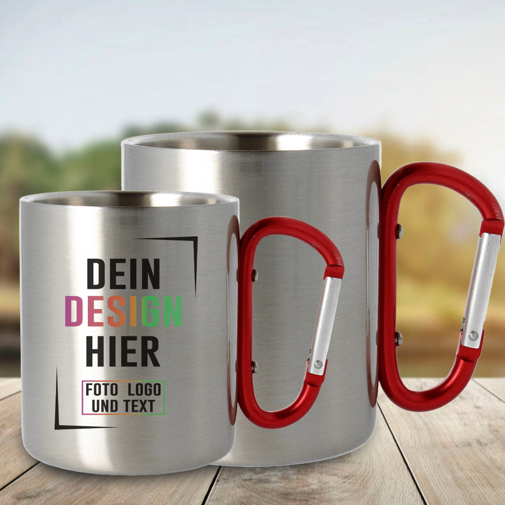 Größenvergleich Edelstahlbecher klein und groß mit Karabinergriff