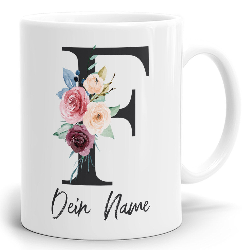 Blumen Initial Tasse mit Name und Buchstabe F