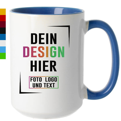 Personalisierbare Fototasse mit blauem Henkel und Rand, Aufdruck: Dein Design hier, Fototassen bedrucken.