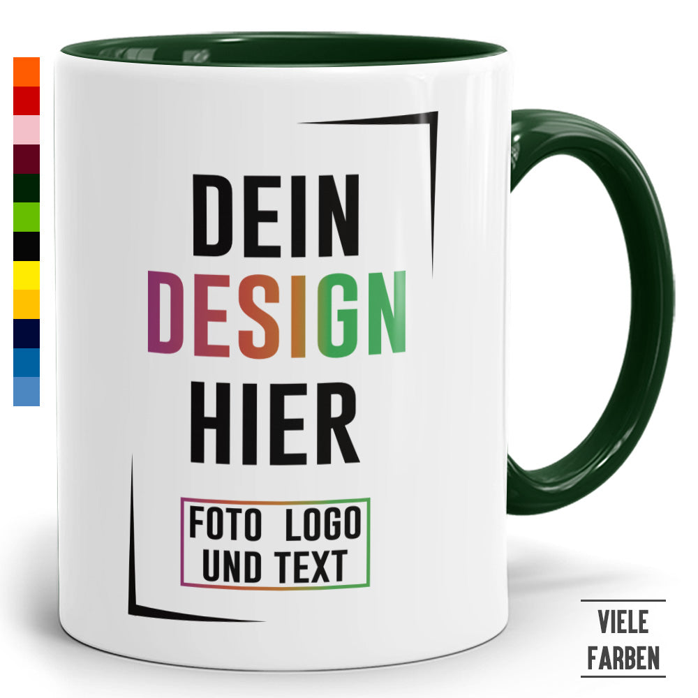Zweifarbige Fototasse Dunkelgrün zum Personalisieren mit eigenem Design, Foto oder Logo.