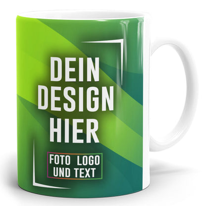 Personalisierbare Fototasse mit grünem Design, Text: Dein Design hier, Foto Logo und Text
