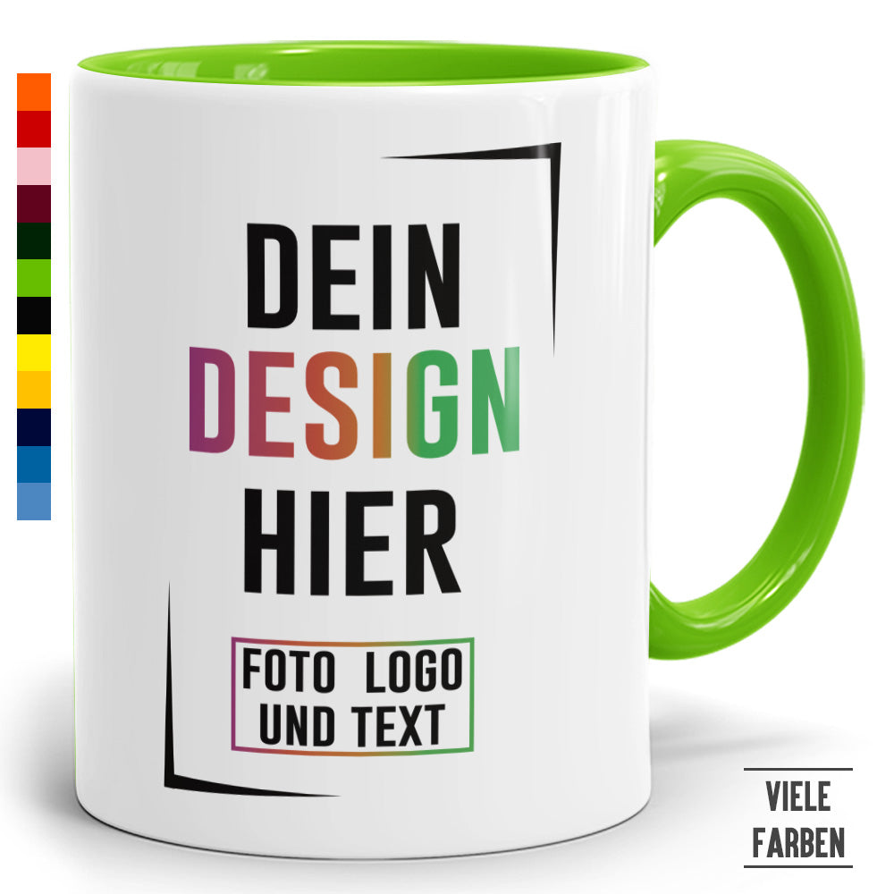 Zweifarbige Fototasse mit grünem Henkel und Rand, individuelle Gestaltung mit eigenem Design, Foto oder Text möglich.