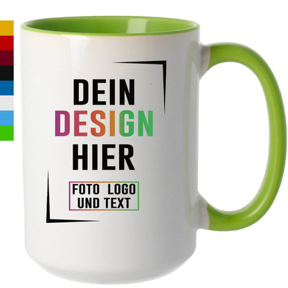 Jumbobecher mit grünem Henkel und Innenfarbe, Aufdruck: Dein Design hier, Fototasse personalisieren