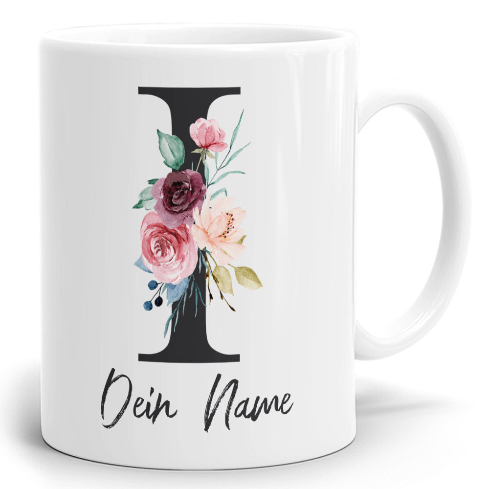 Blumen Initial Tasse mit Name und Buchstabe I