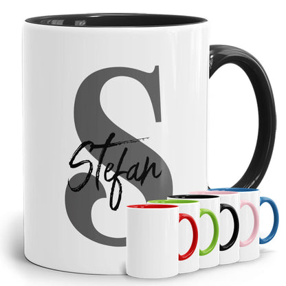 Initial Tasse Innenfarbe Schwarz mit Anfangsbuchstabe und Name