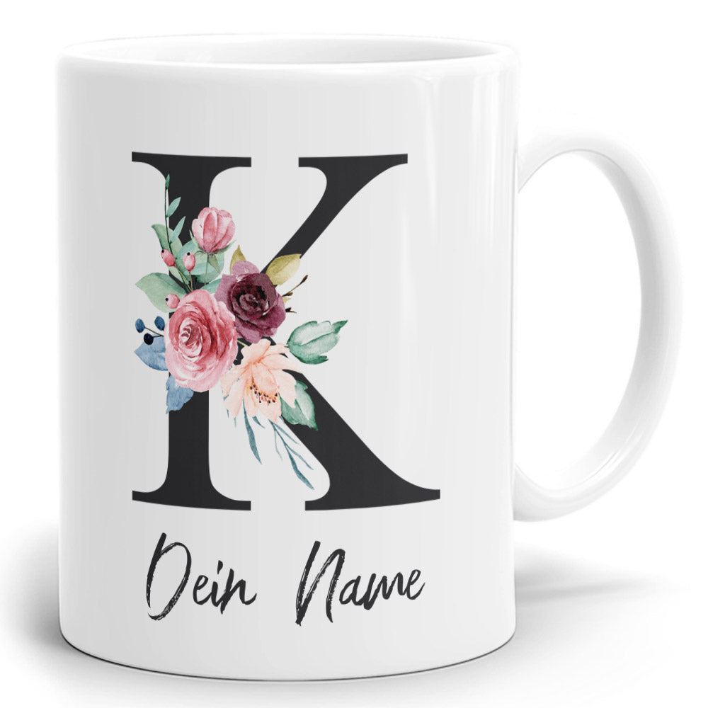 Blumen Initial Tasse mit Name und Buchstabe K