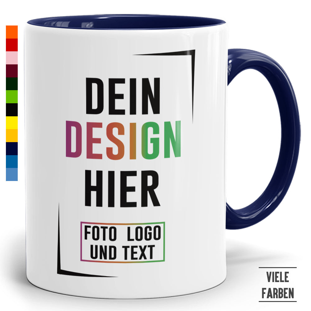 Personalisierbare Fototasse mit cobaltblauem Henkel, Aufdruck 'Dein Design hier', viele Farben