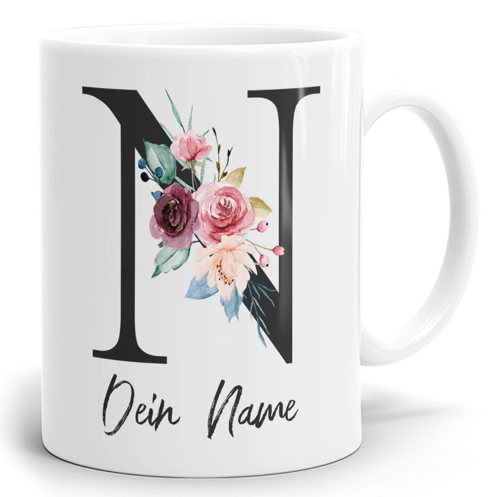 Blumen Initial Tasse mit Name und Buchstabe N