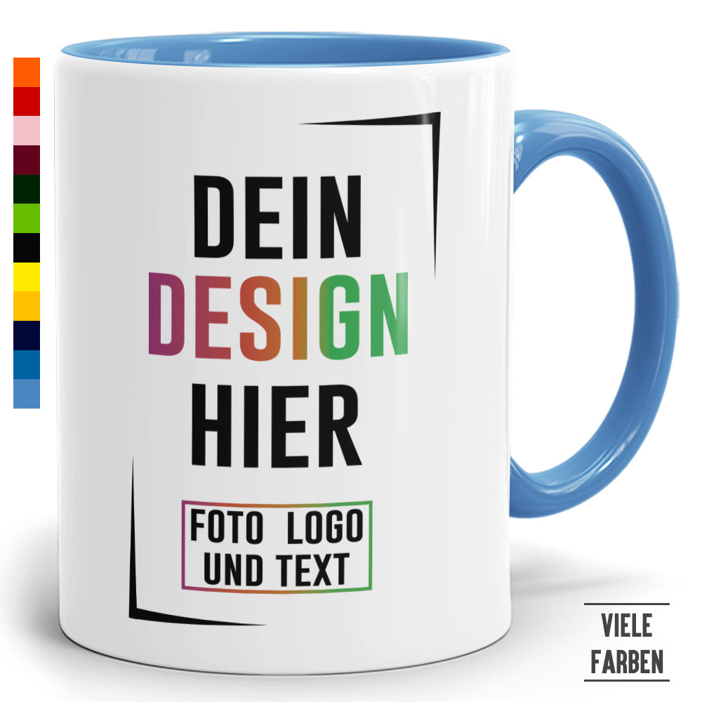 Personalisierbare Fototasse mit blauem Henkel, individueller Druck, Beispieltext und Farbauswahl