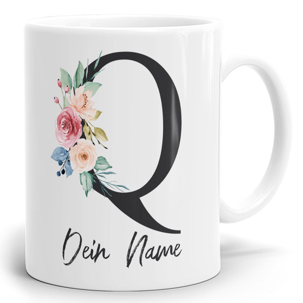 Blumen Initial Tasse mit Name und Buchstabe Q