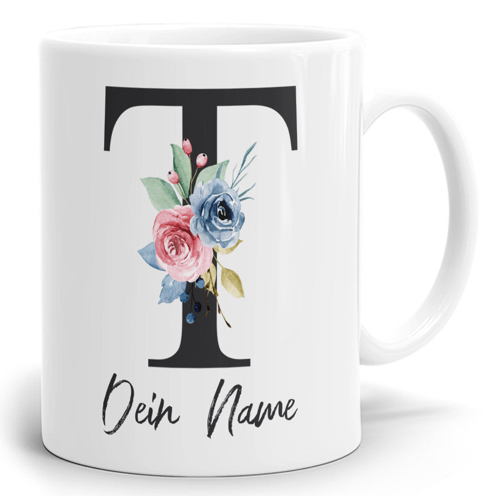 Blumen Initial Tasse mit Name und Buchstabe T