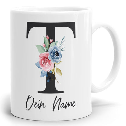 Blumen Initial Tasse mit Name und Buchstabe T