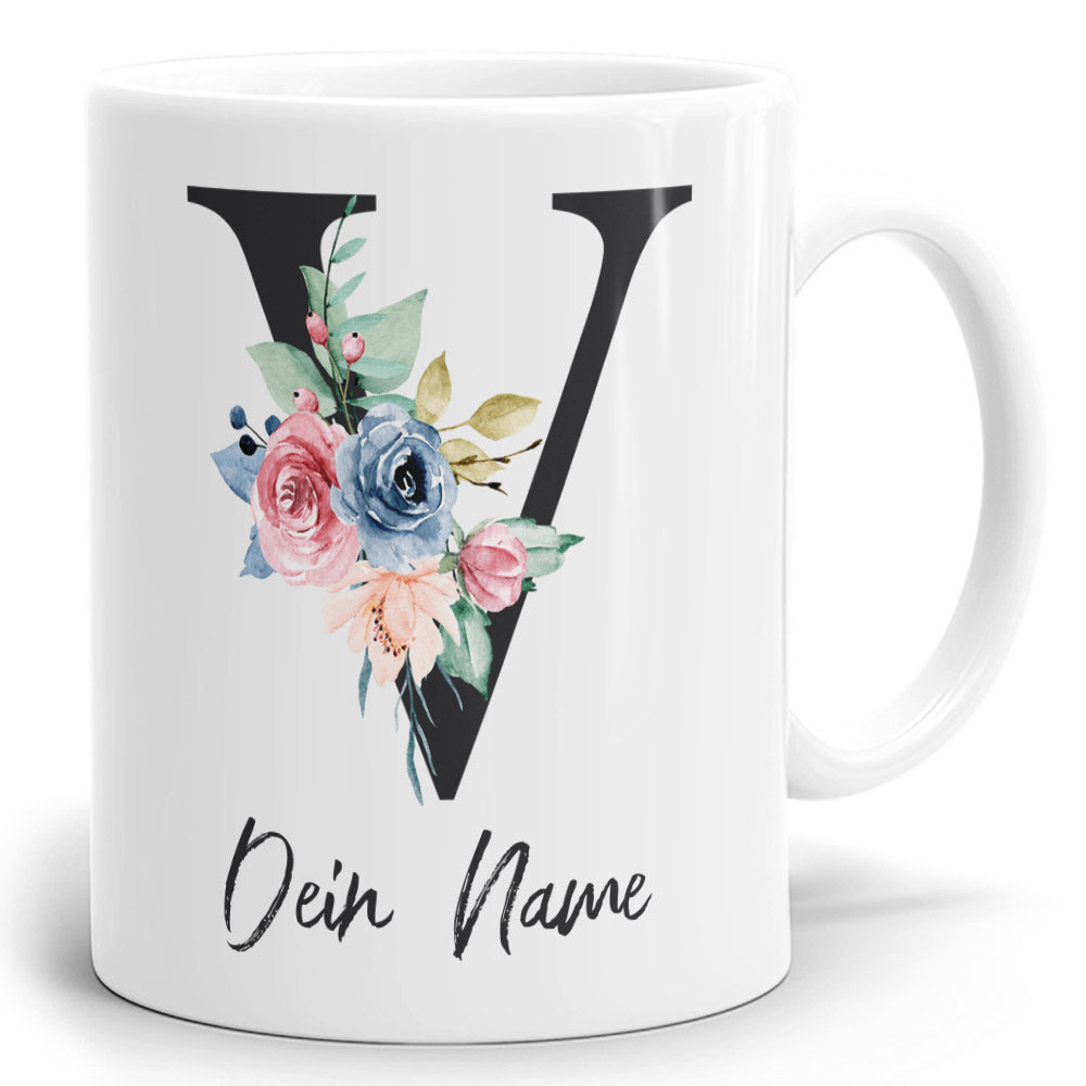 Blumen Initial Tasse mit Name und Buchstabe V