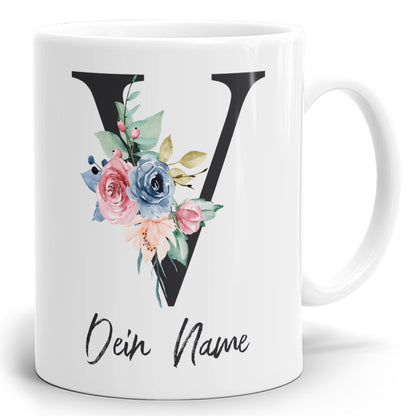 Blumen Initial Tasse mit Name und Buchstabe V