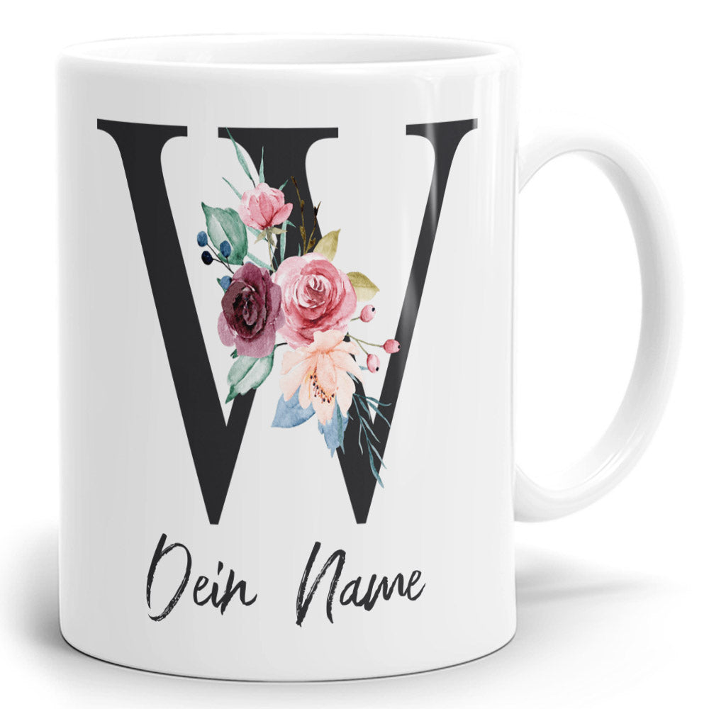 Blumen Initial Tasse mit Name und Buchstabe W