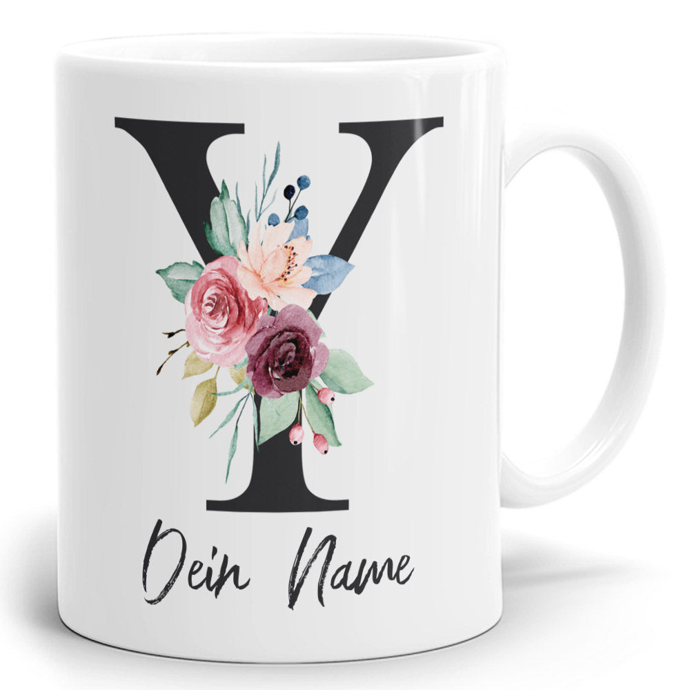 Blumen Initial Tasse mit Name und Buchstabe Y
