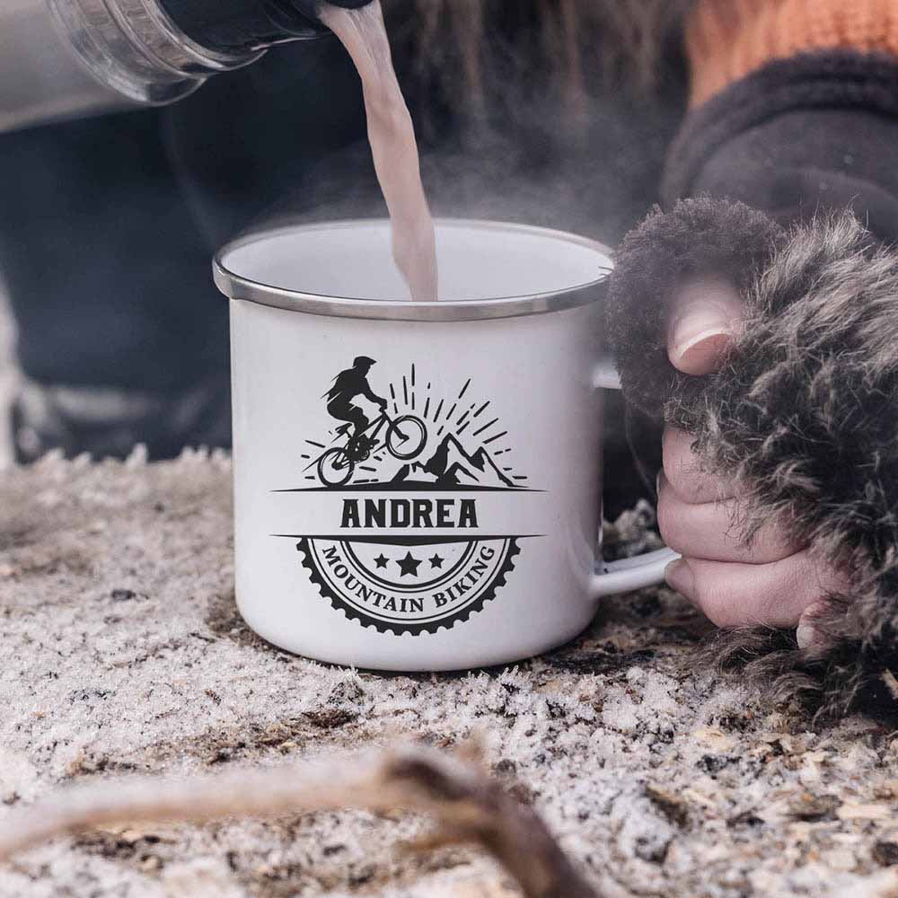 Edelstahl Tasse und Emaille Tasse bedrucken Beispiel Foto mit Name 