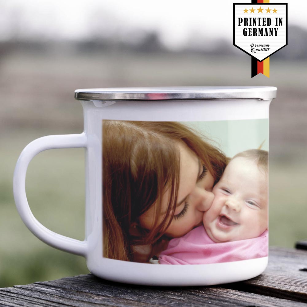 Emailletasse Beispiel Bild mit Foto bedruckt